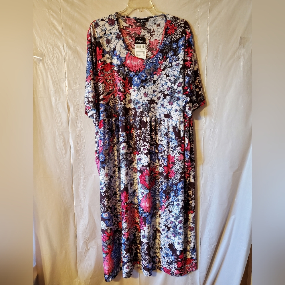 Ulla Popken Floral print Empire Dress short sleeve w/side pockets Stretchy 5X